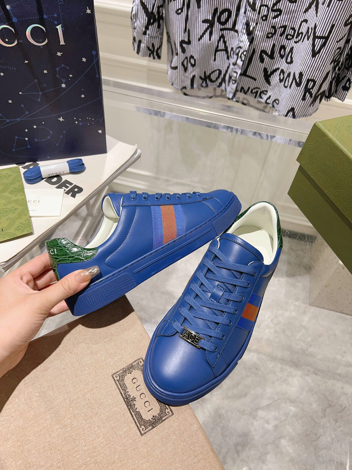 GUCCI ACE  SUPREME TRAINER AZURE CALFSKIN