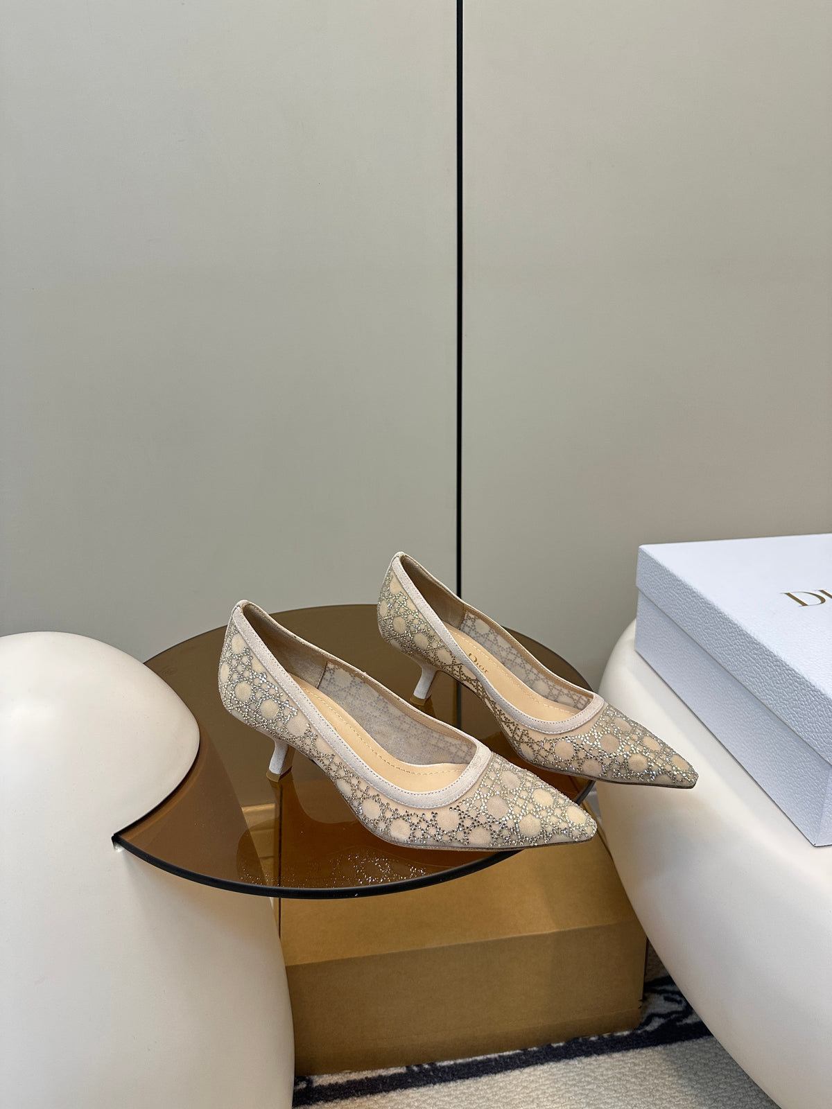 DIOR POINTED TOE HEELS 55MM IN NUDE MESH WITH RHINESTONES