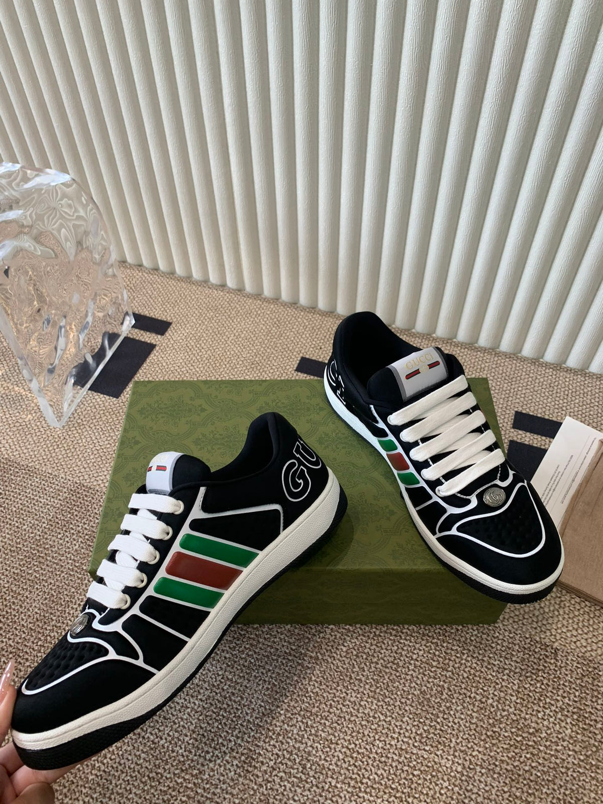 GUCCI SCREENER SNEAKER WITH WEB BLACK CALFSKIN