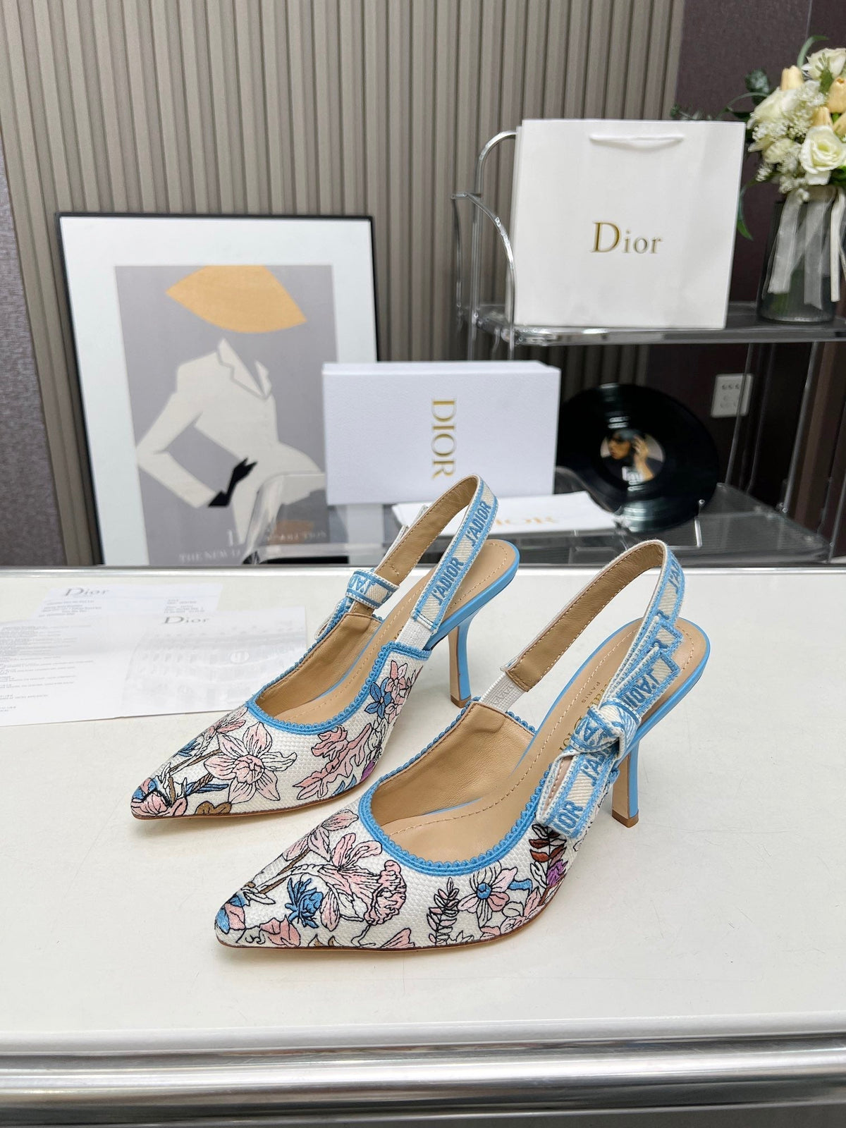 DIOR J'A SLINGBACK PUMP COLORFUL NATURAL RAFFIA AND EMBROIDERED COTTON 10 CM 130858