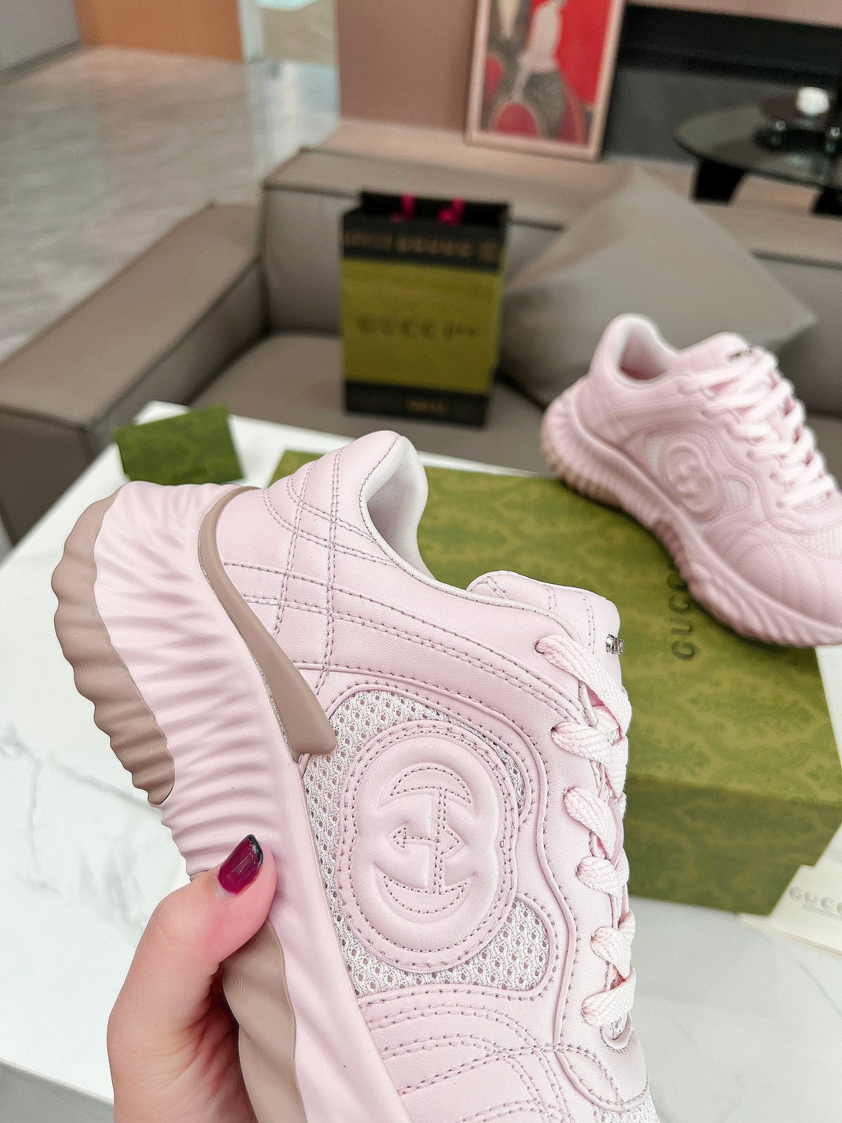 GUCCI RIPPLE TRAINER LIGHT PASTEL PINK LAMBSKIN