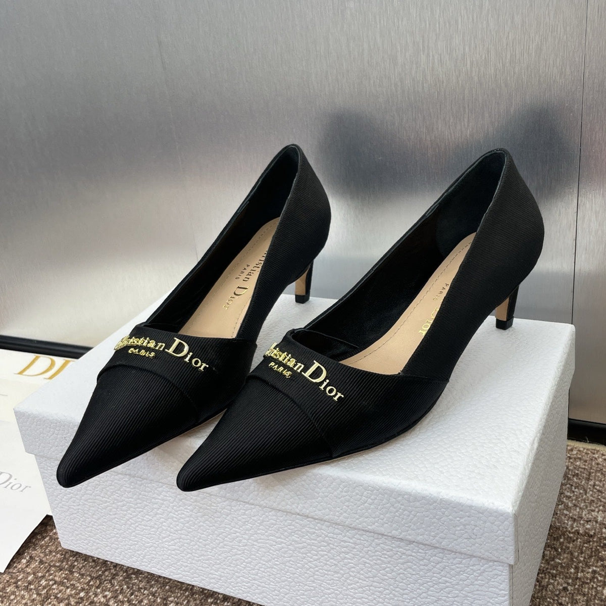 DIOR MY DD 25S HIGH HEEL 55MM IN BLACK FABRIC GOLD LOGO