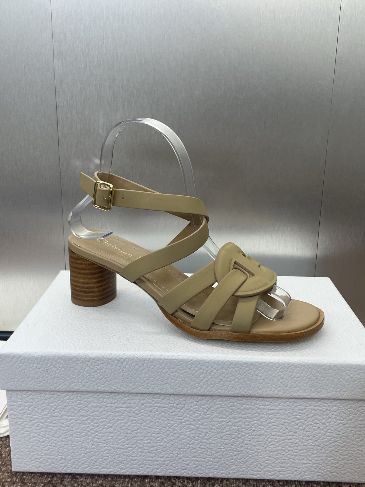 DIOR D-CLUB HIGH HEEL SLIDE 25S 55MM IN GOLDEN BEIGE CALFSKIN